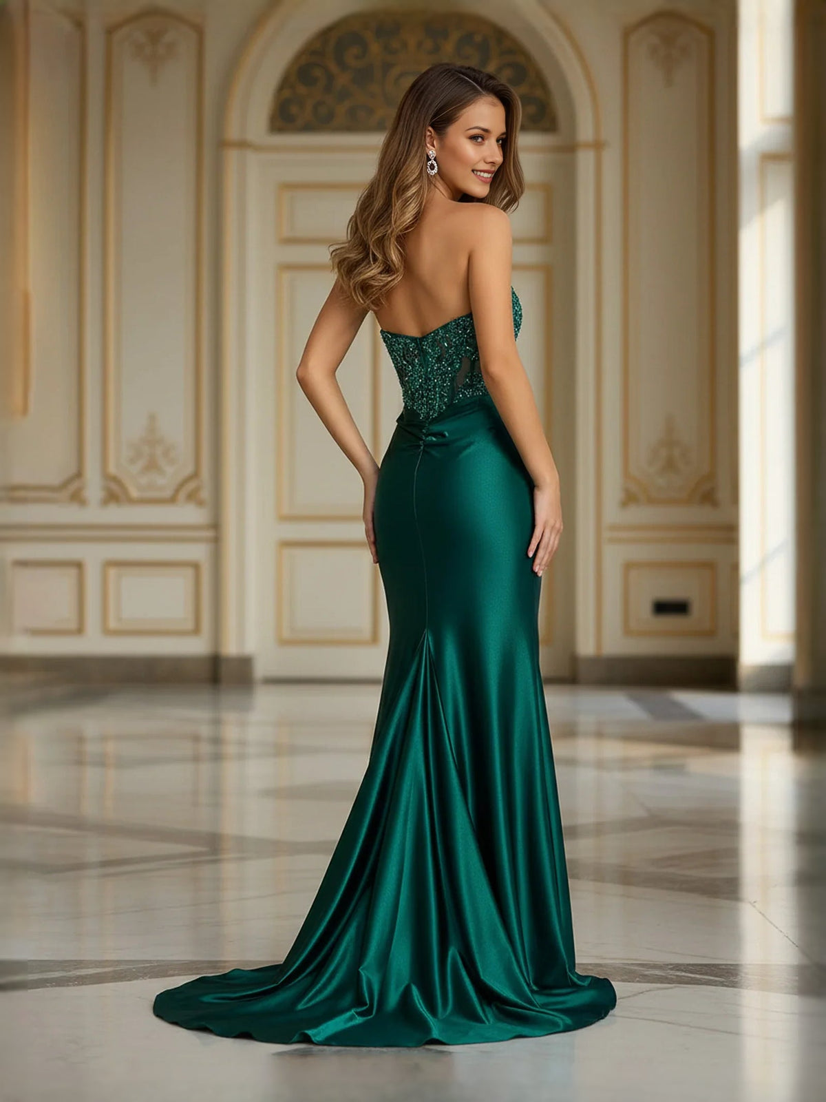 Dark green strapless corset prom dress with beaded bodice, mermaid skirt, front slit