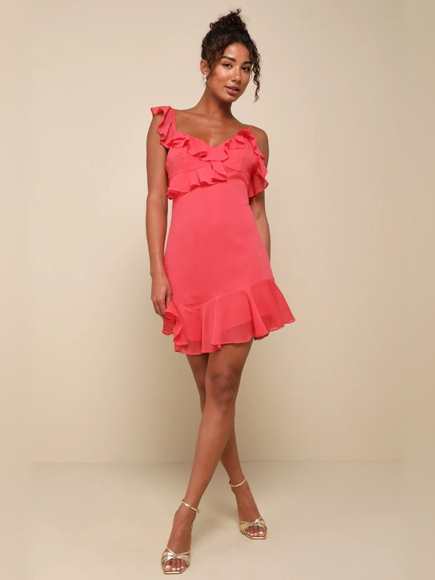 Coral pink mini dress, layered ruffle shoulder design and tiered hem