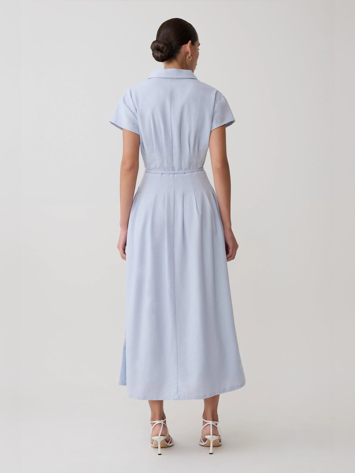 Cornflower blue linen midi dress, button-back style with gathered skirt and waist tie