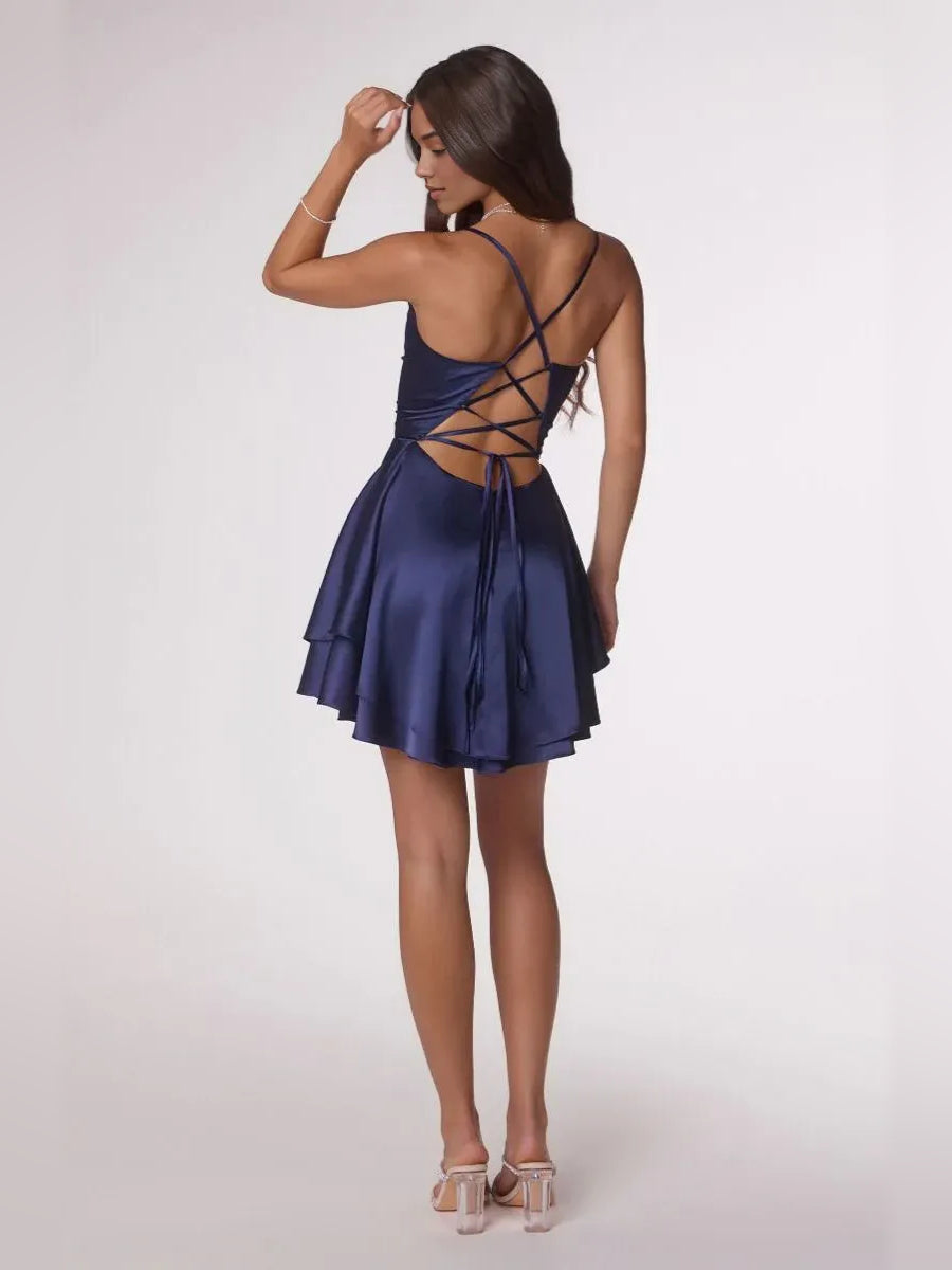 Navy satin mini homecoming dress, open crisscross back with tiered flared skirt