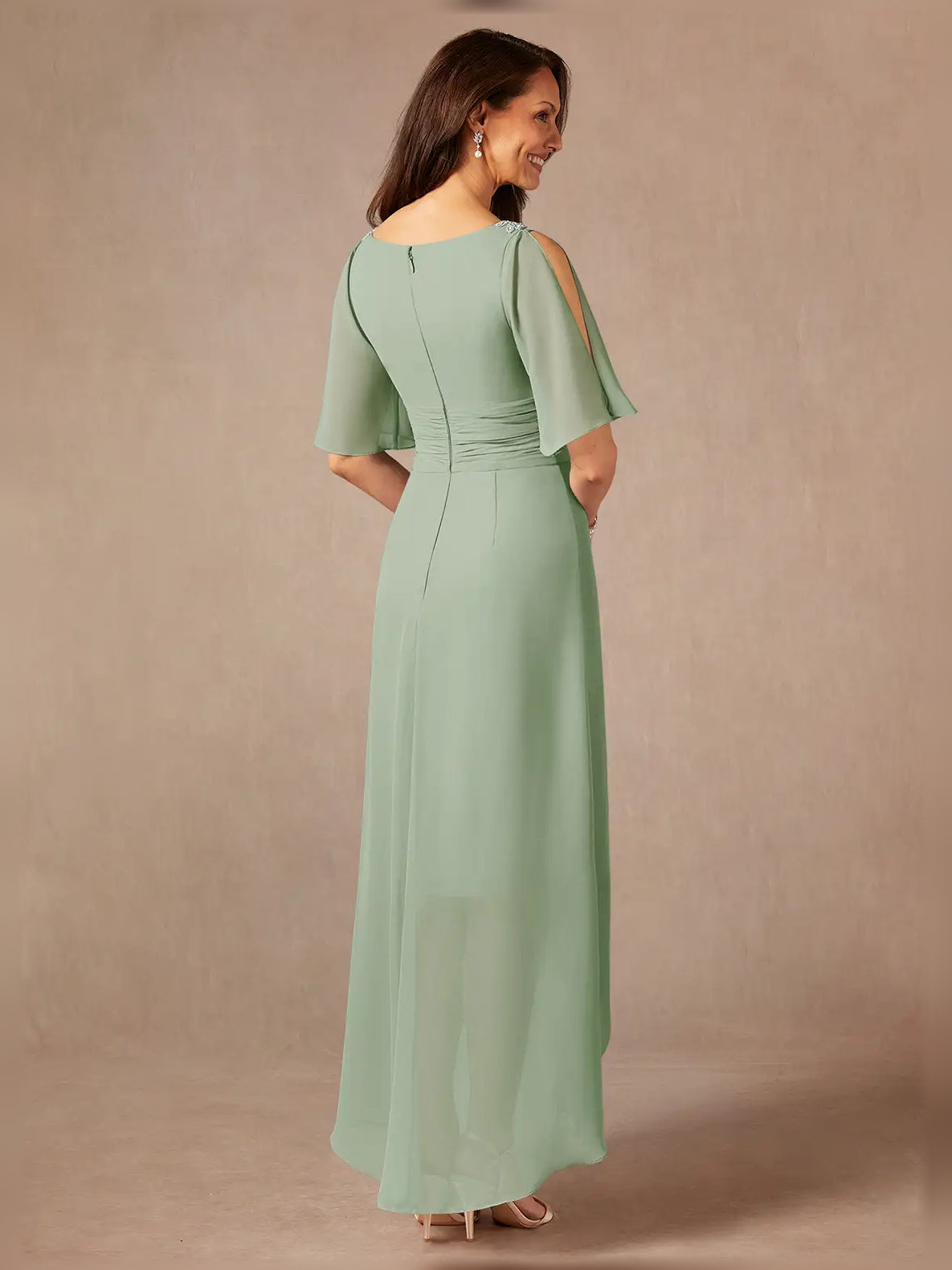 Dusty sage chiffon midi A-line dress, V-neck front, short flutter sleeves, side view