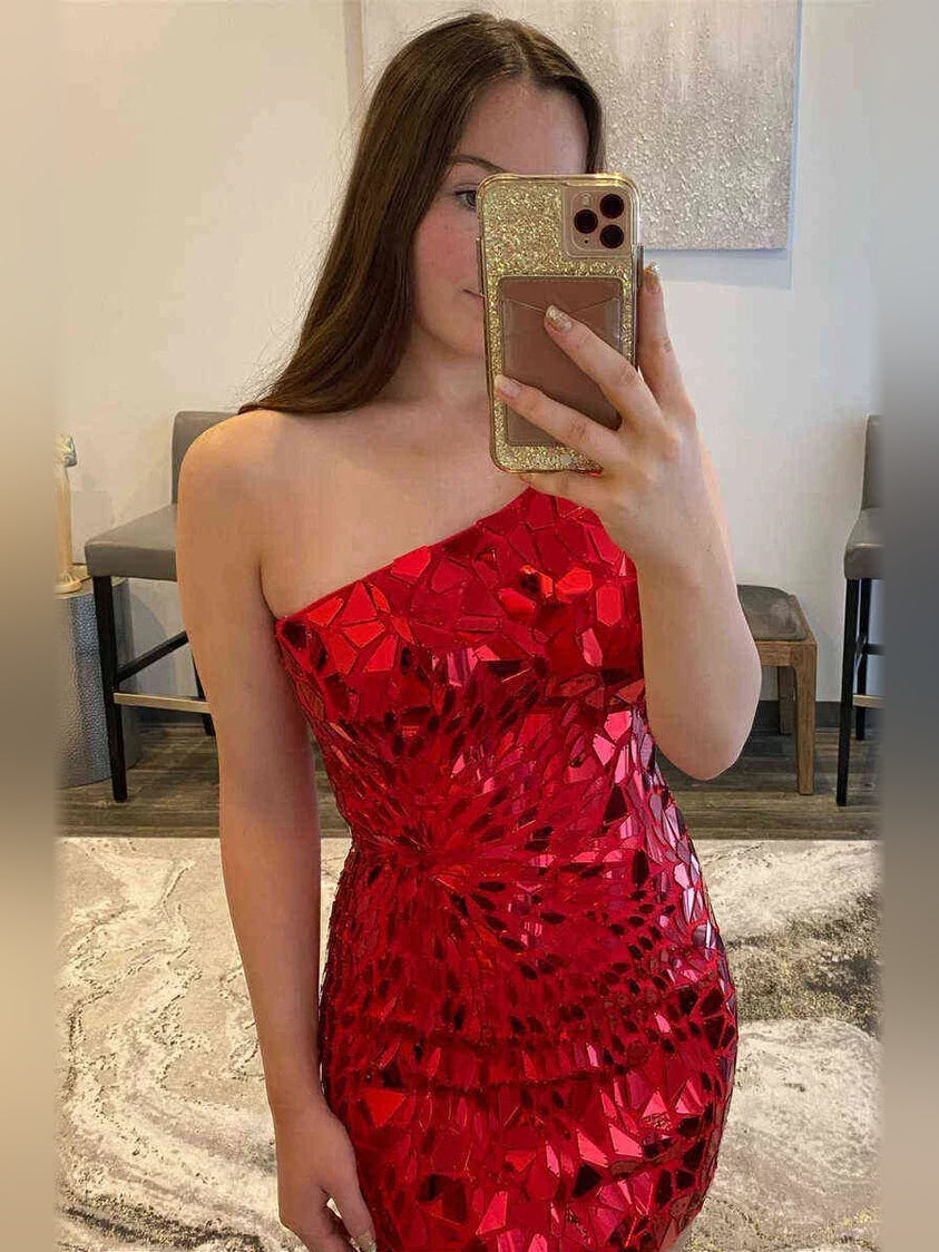 Red sequin one-shoulder sheath mini dress, sleeveless fitted bodycon with angled neckline