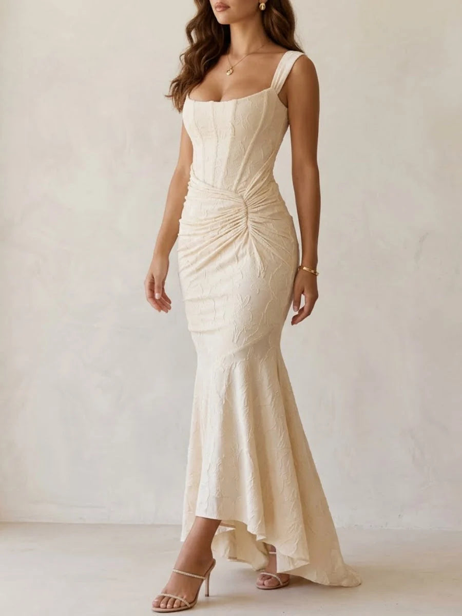 White one-shoulder ruched midi formal dress, draped waist and fishtail hem