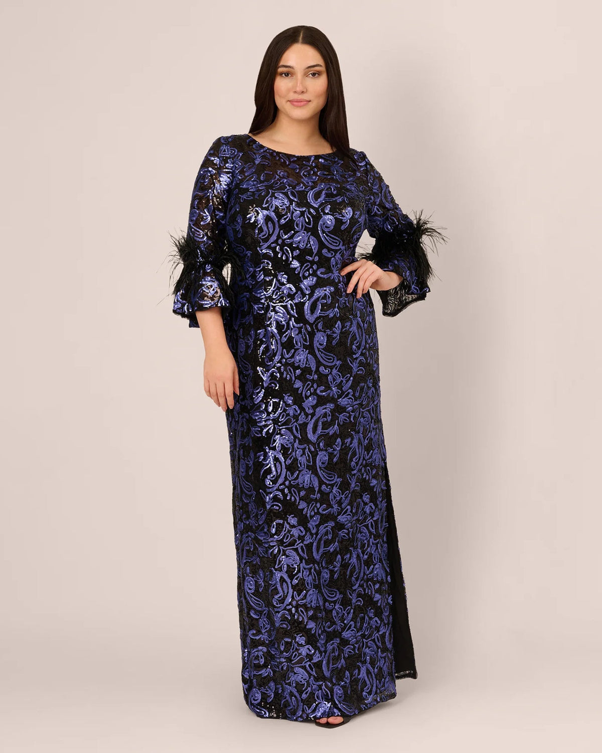 Navy blue A-line maxi mother of the bride dress with sequined allover pattern and long sleeves