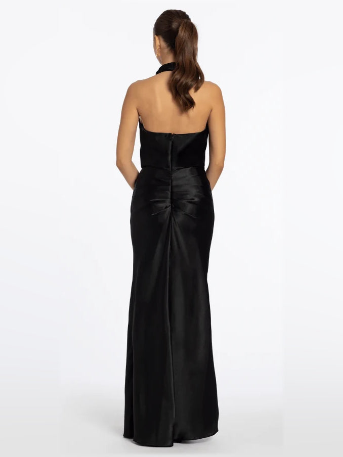Black satin sheath floor-length formal dress, back view with sleeveless cut