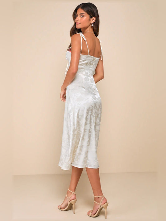 Cream midi formal dress with embroidery, alternate view