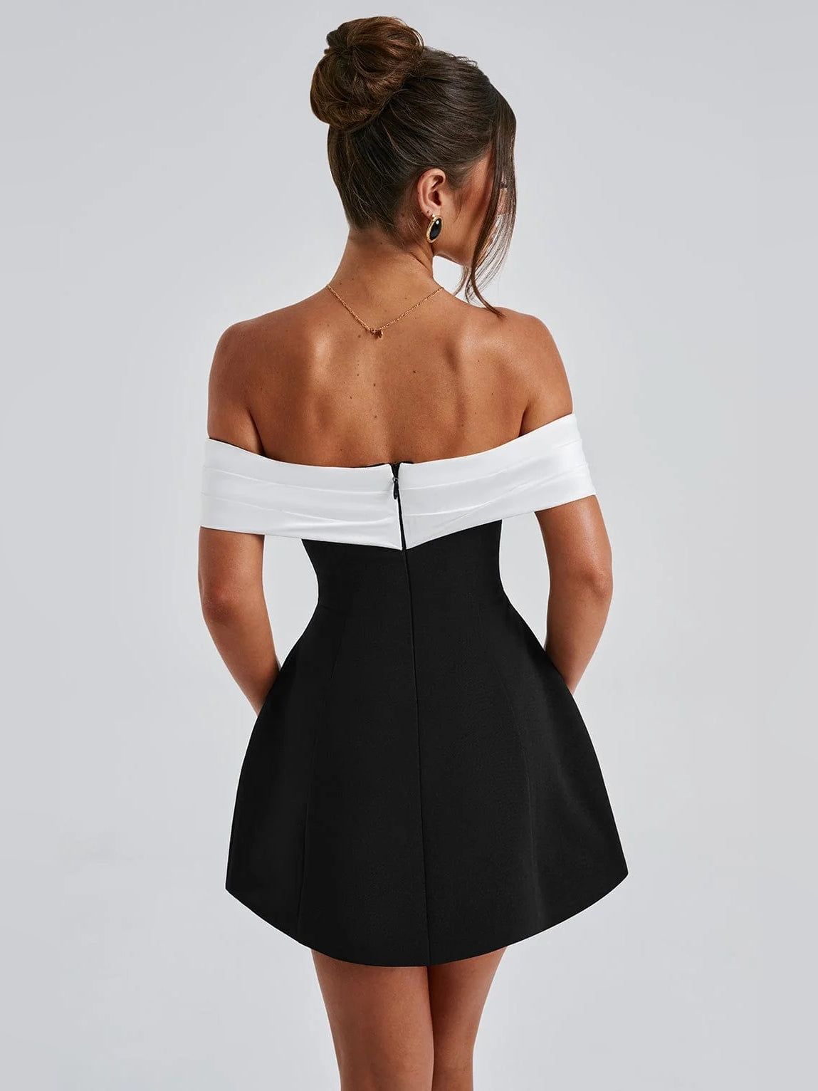 Back-view black and white off-shoulder A-line mini satin dress with white band