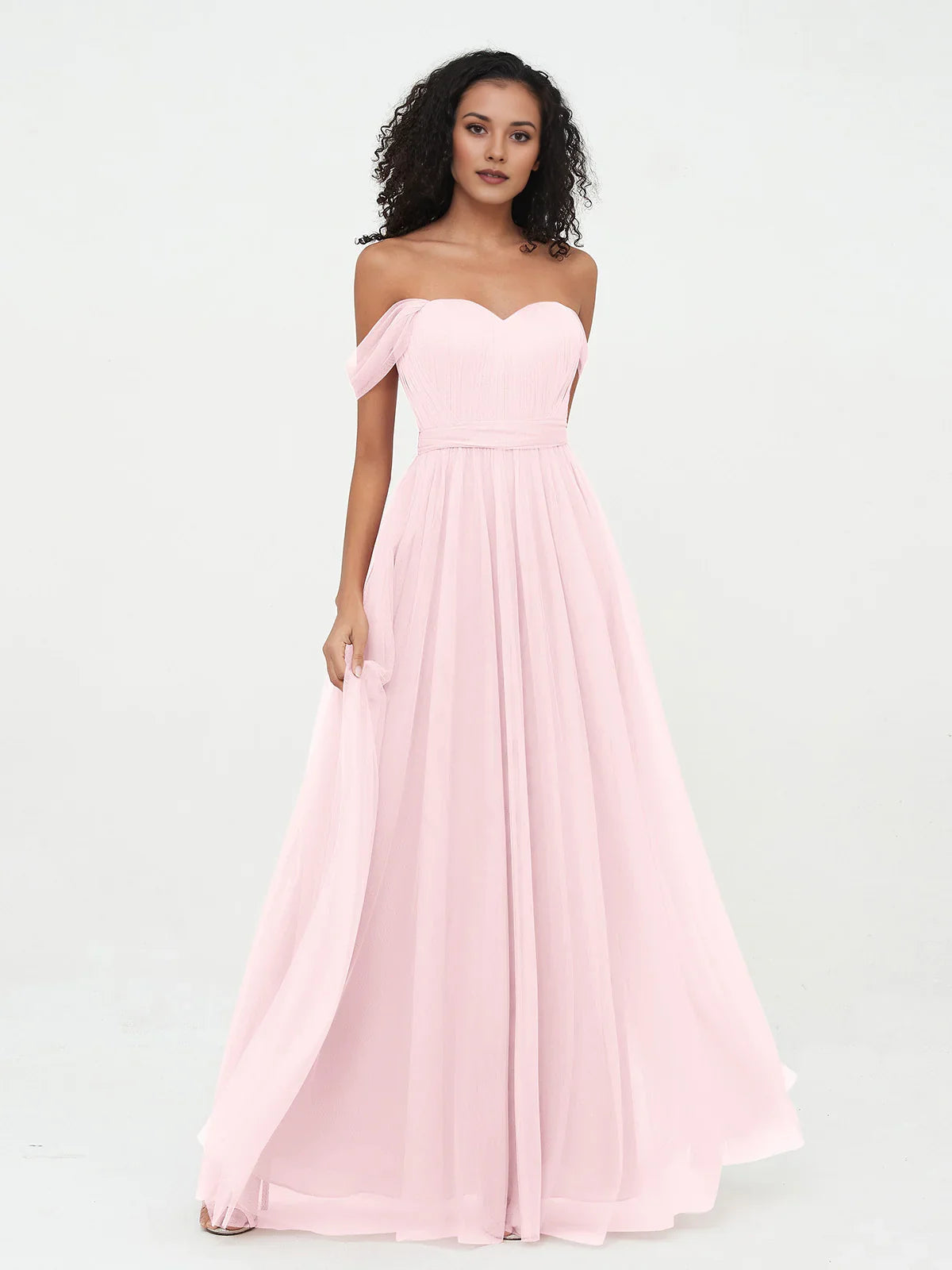 Blush pink off-shoulder sweetheart A-line tulle dress with pleated skirt