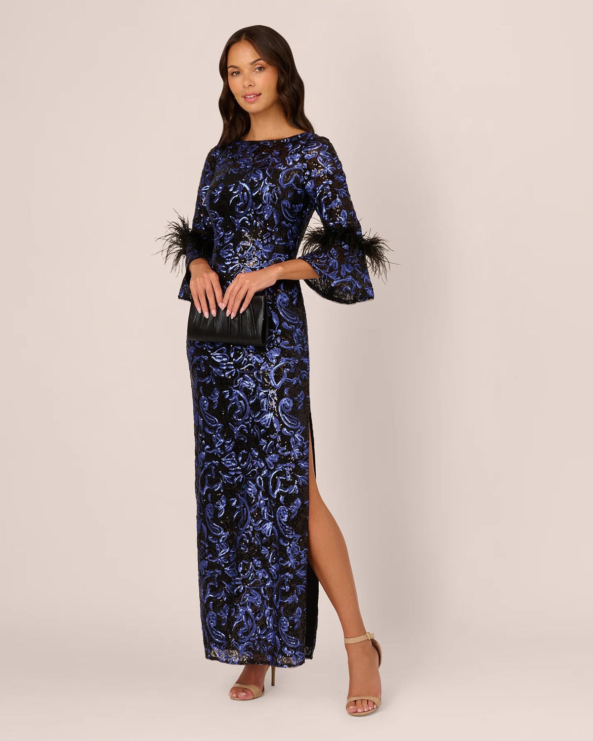 Navy-blue sequin A-line maxi dress with swirl pattern, bateau neckline, and side slit