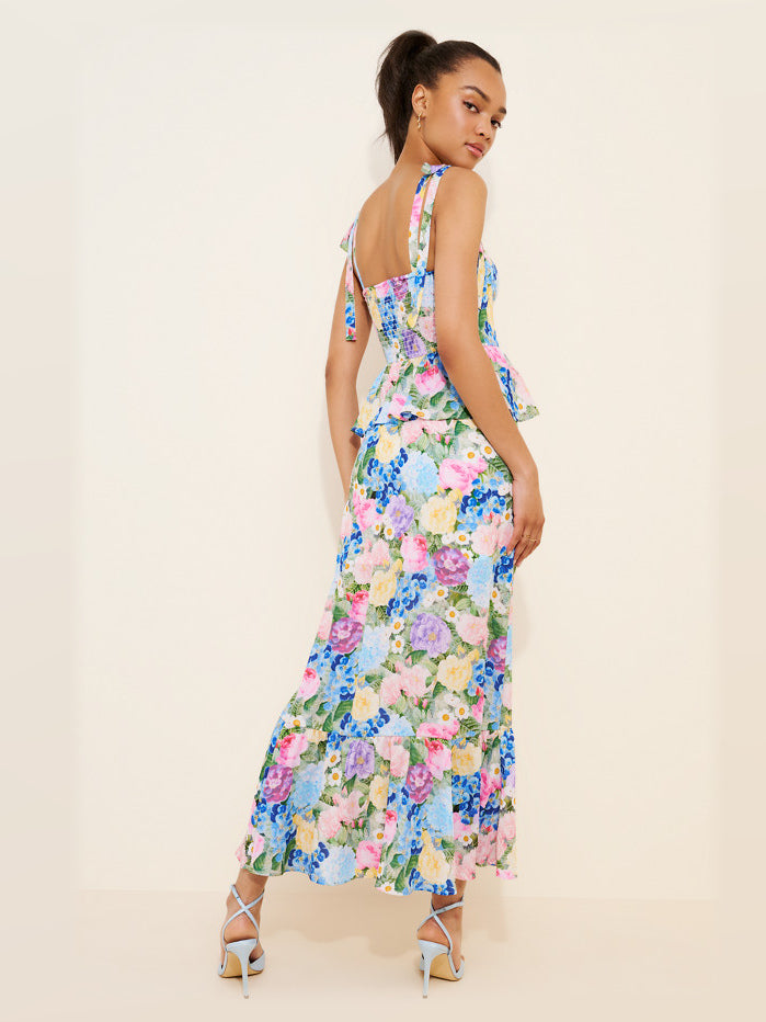 Pink Blue Floral Print maxi formal dress, back full-length view showing the bodice
