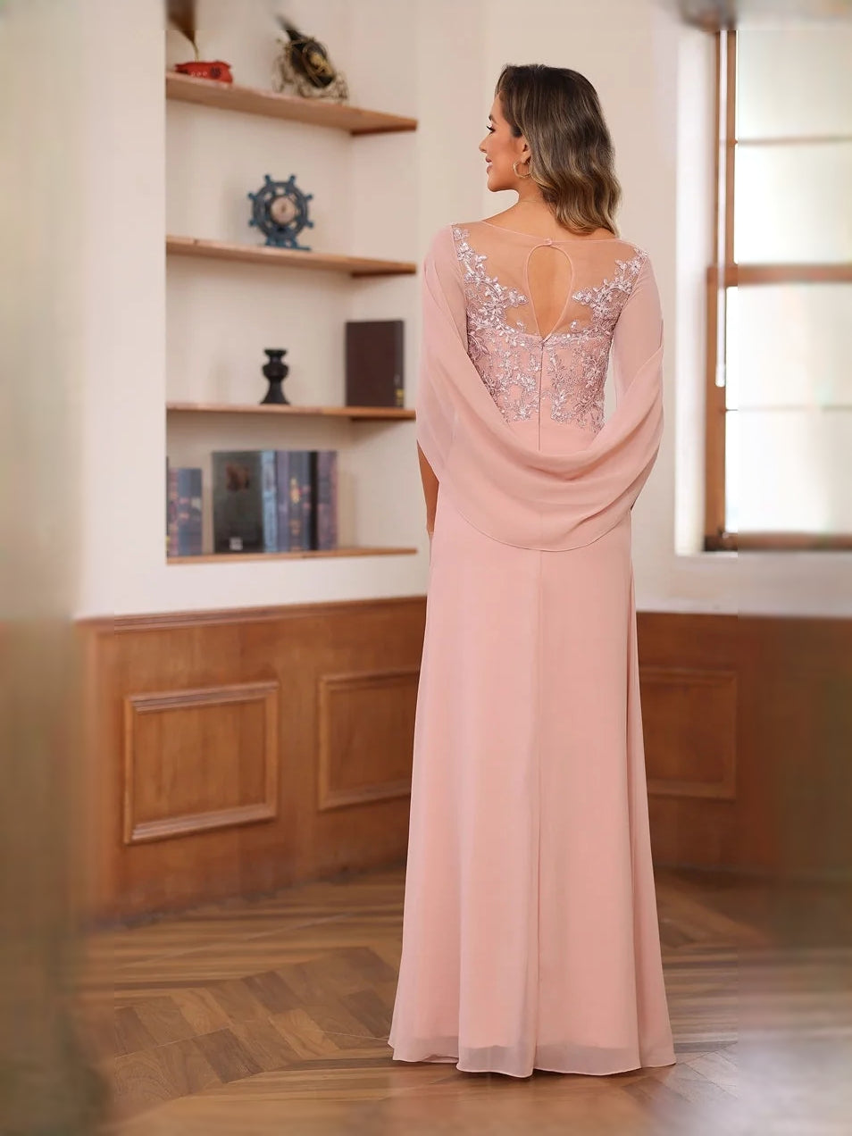 Dusty rose chiffon maxi dress, open back with floral beaded drape detail