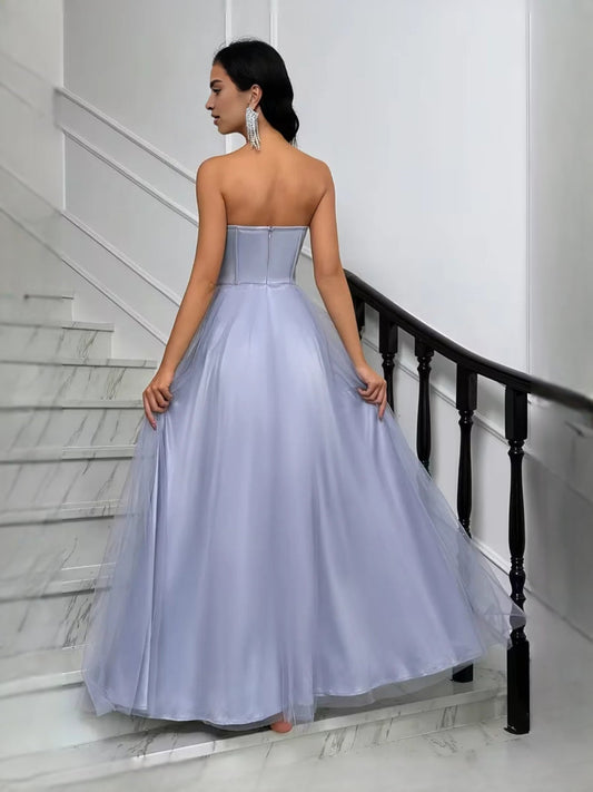 Lavender strapless corset bodice tulle A-line dress, racerback and back view