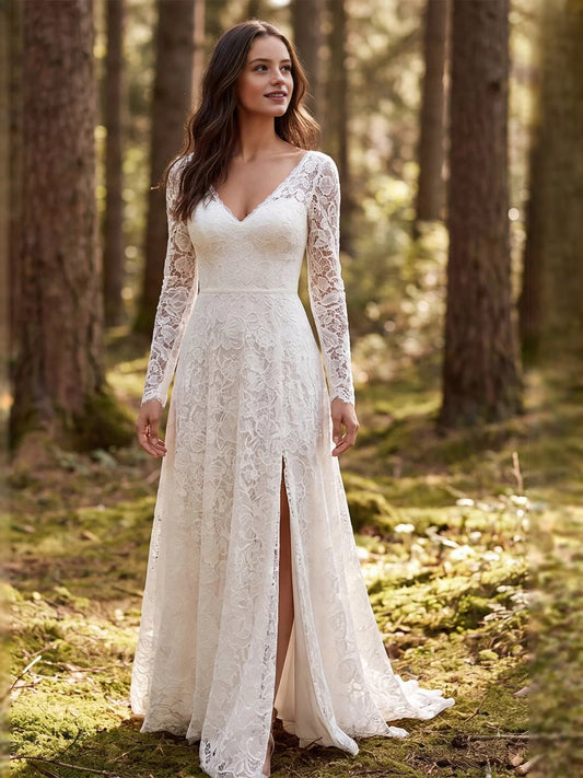 Ivory lace wedding dress with V-neck, long sleeves, front slit, A-line floor-length skirt