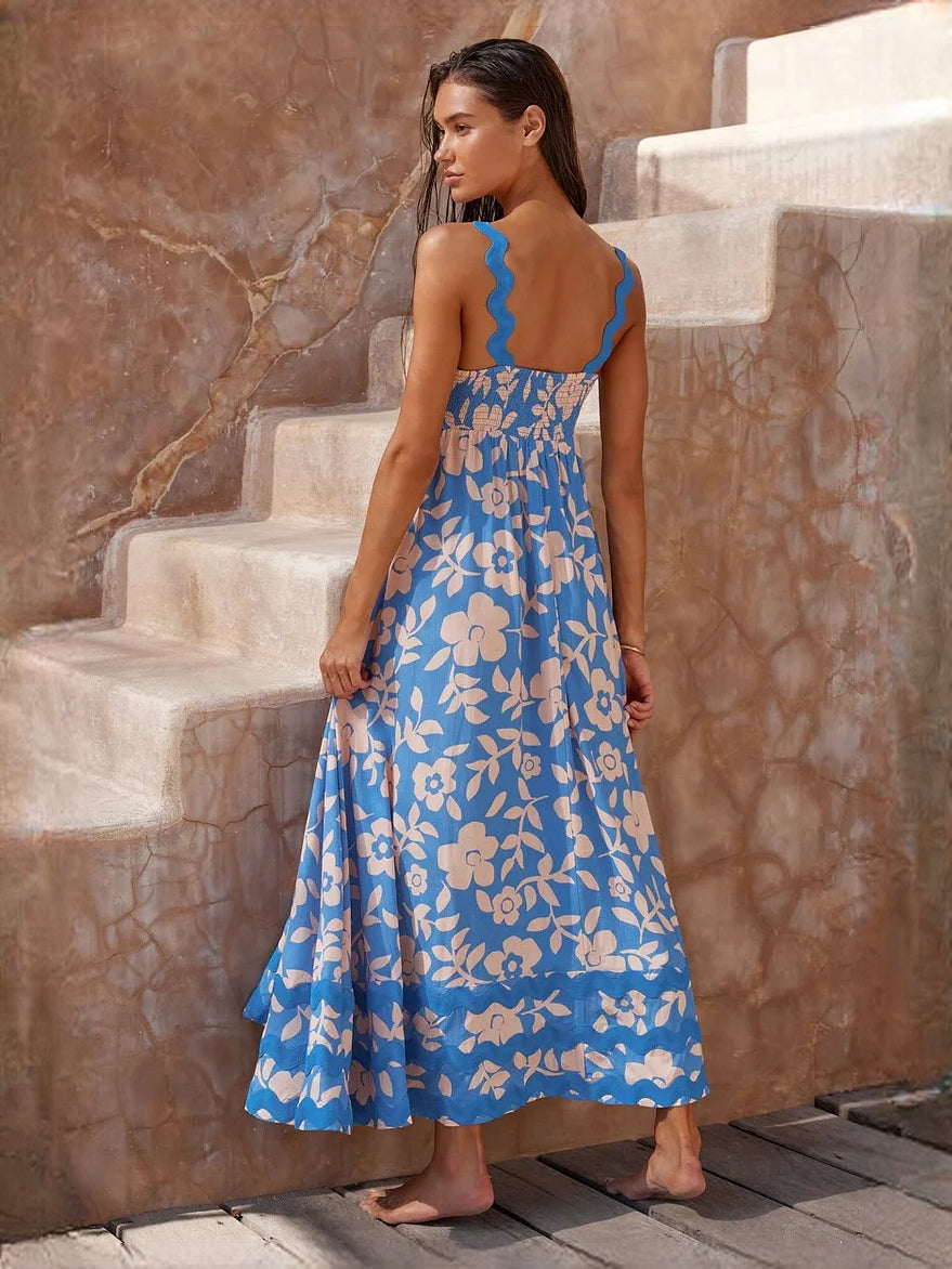 Blue Peach Floral Print a-line maxi formal dress with a-line, full-length back view