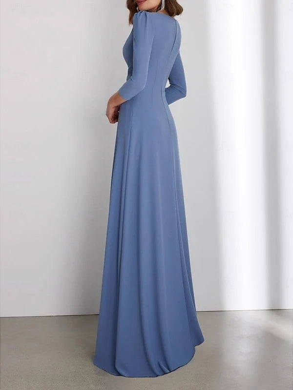Steel blue draped V-neck A-line gown with 3/4 sleeves, wrap waist, side view