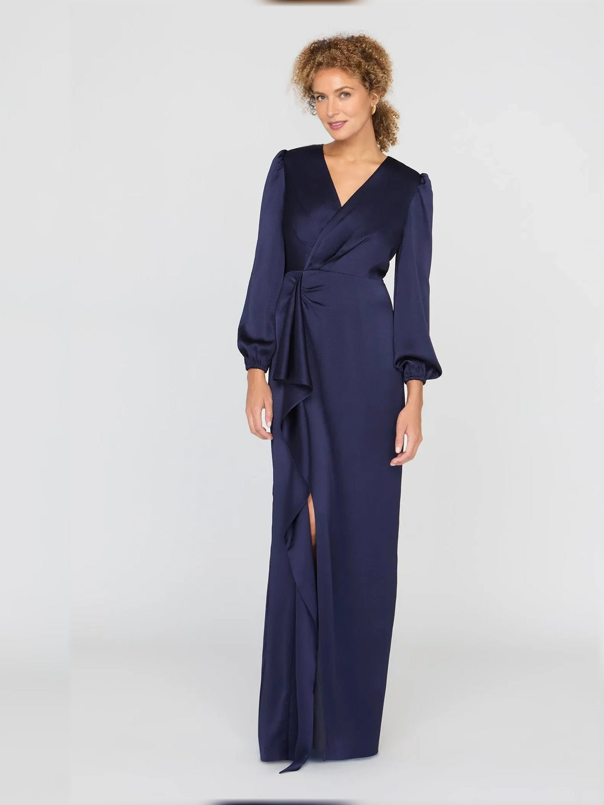 Dark navy satin V-neck column dress with side slit, draped waist bow, puff sleeves