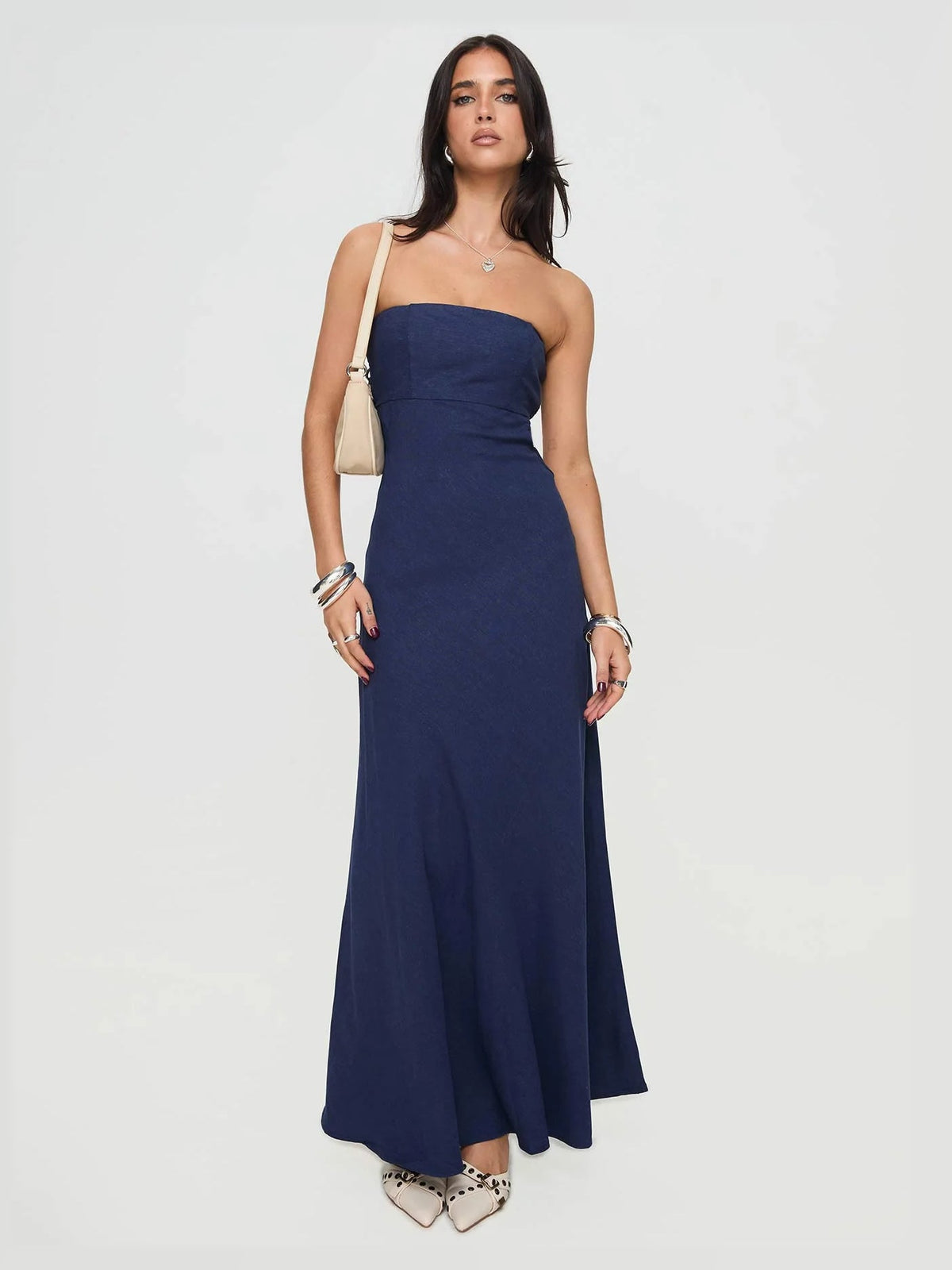 Navy formal dress with strapless neckline