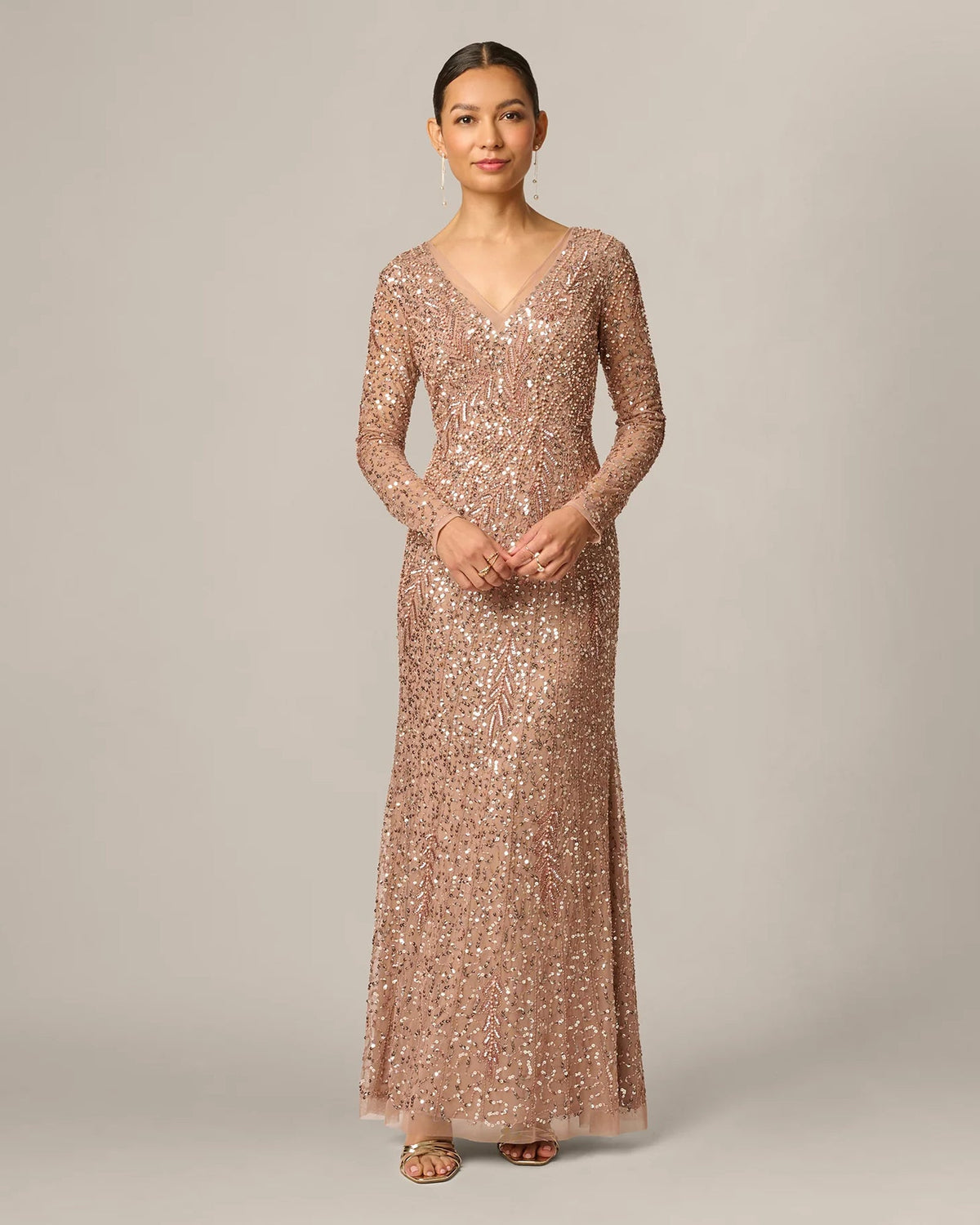 Rose gold sequin V-neck long-sleeve A-line maxi dress, front view