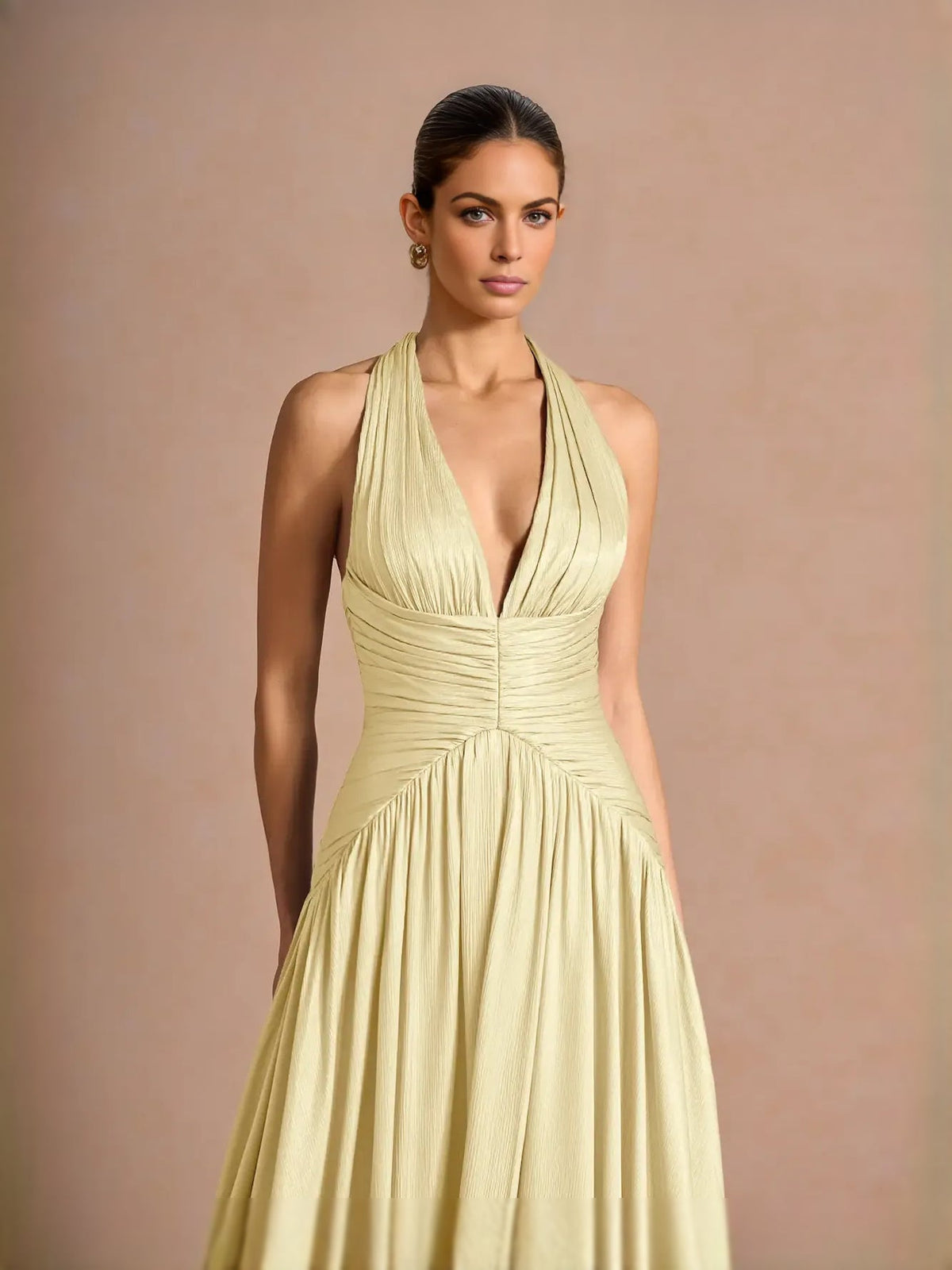 Pale lemon ruched corset V-neck maxi prom dress, pleated A-line chiffon skirt