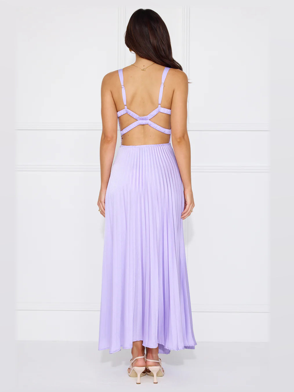Lilac midi formal dress, back full-length view showing the bodice