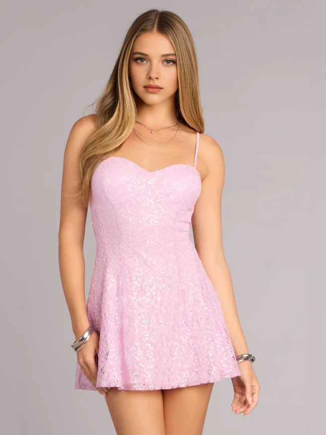 Pink sequin sweetheart A-line mini dress, spaghetti straps, slight side angle