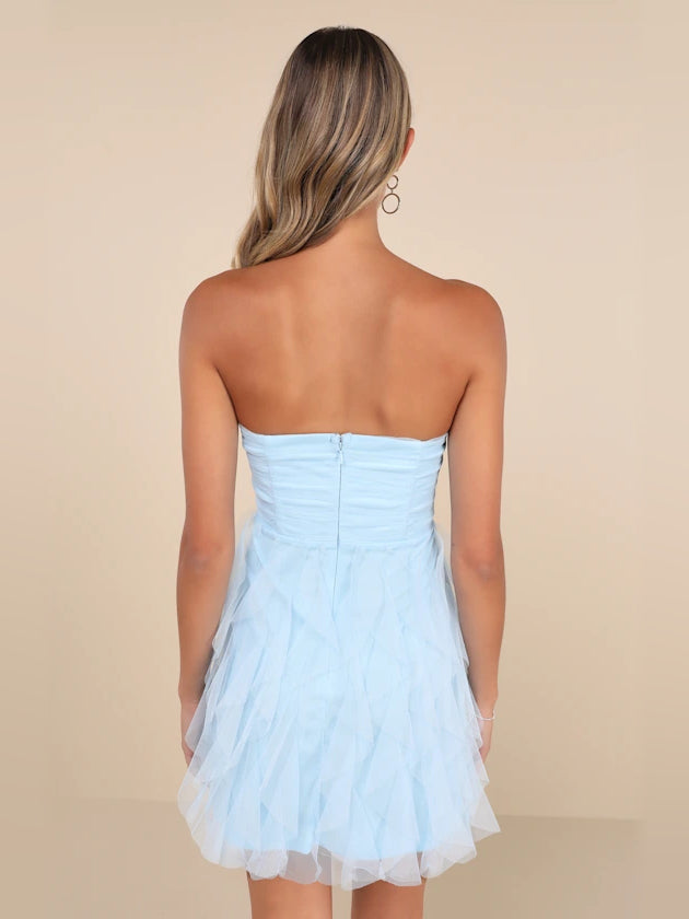 Light blue strapless mini dress with ruched back and layered ruffle tulle skirt