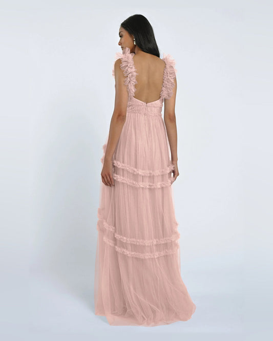 Pale pink A-line maxi dress, open-back view, layered tulle tiers and ruffled cap sleeves