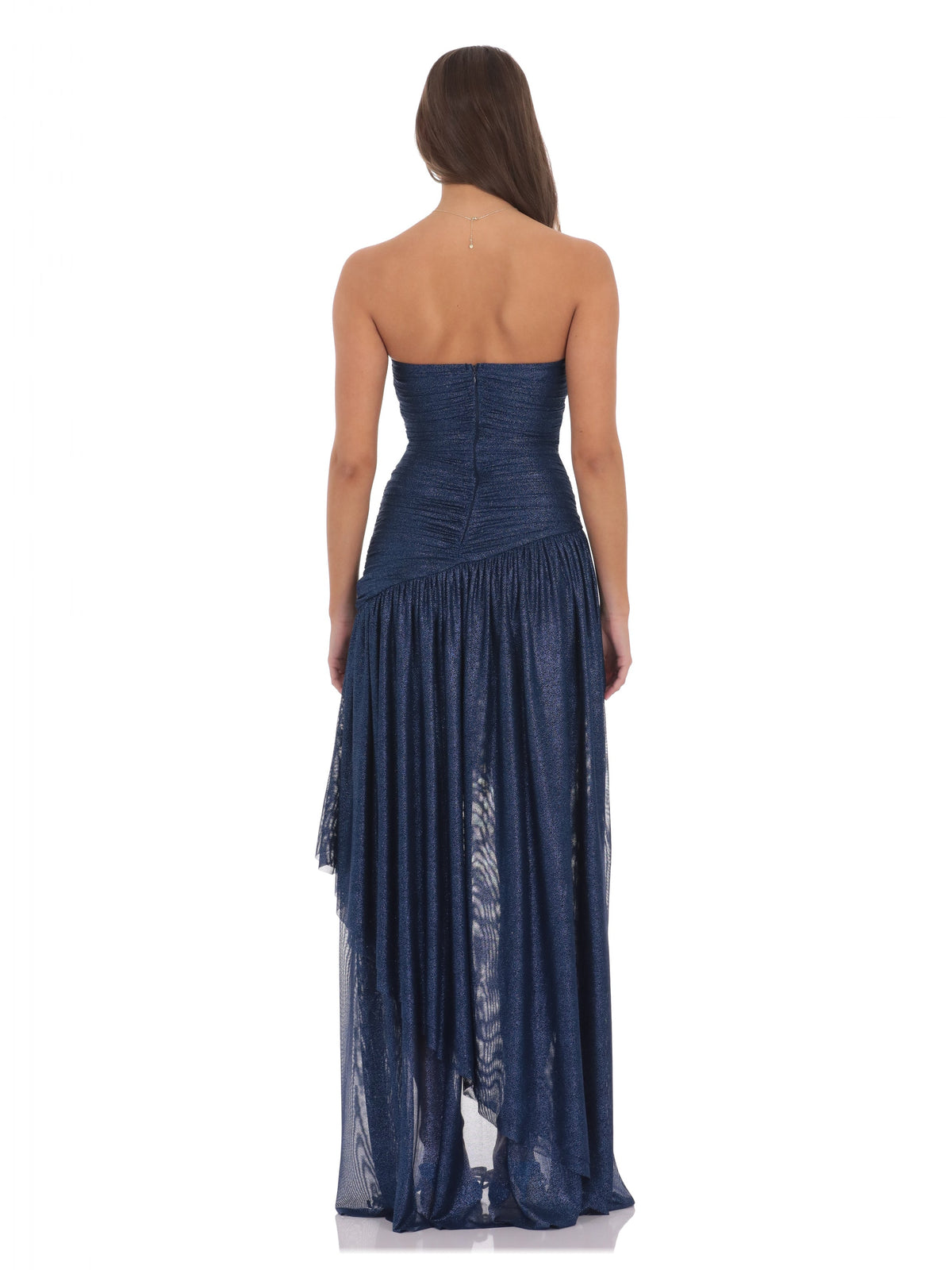 Navy bridesmaid dress with asymmetrical silhouette