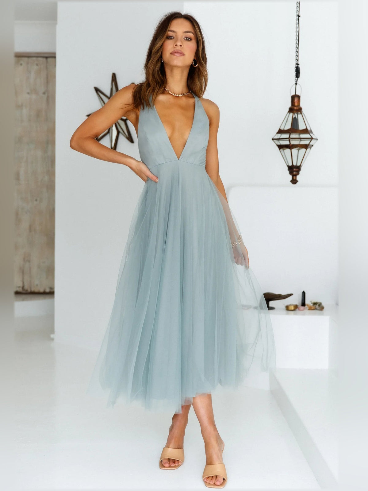 Sage midi formal dress, deep V sleeveless front, layered tulle skirt