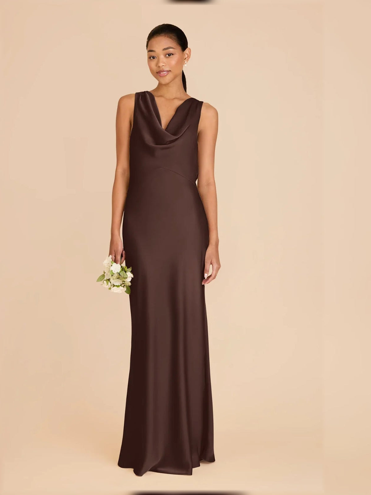 Espresso brown sleeveless cowl-neck satin maxi dress with fitted bodycon shape