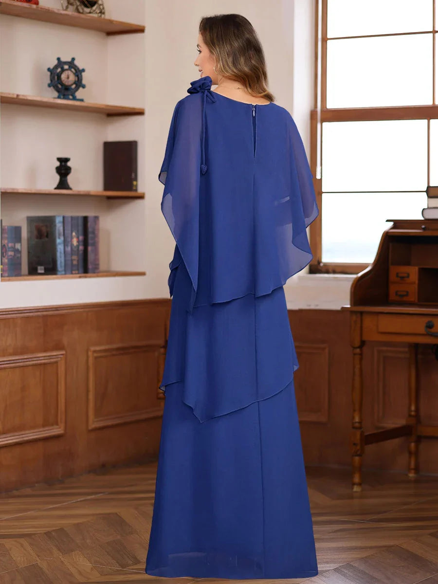 Royal blue chiffon dress, back view, bow at shoulder and layered tiered skirt, floor-length