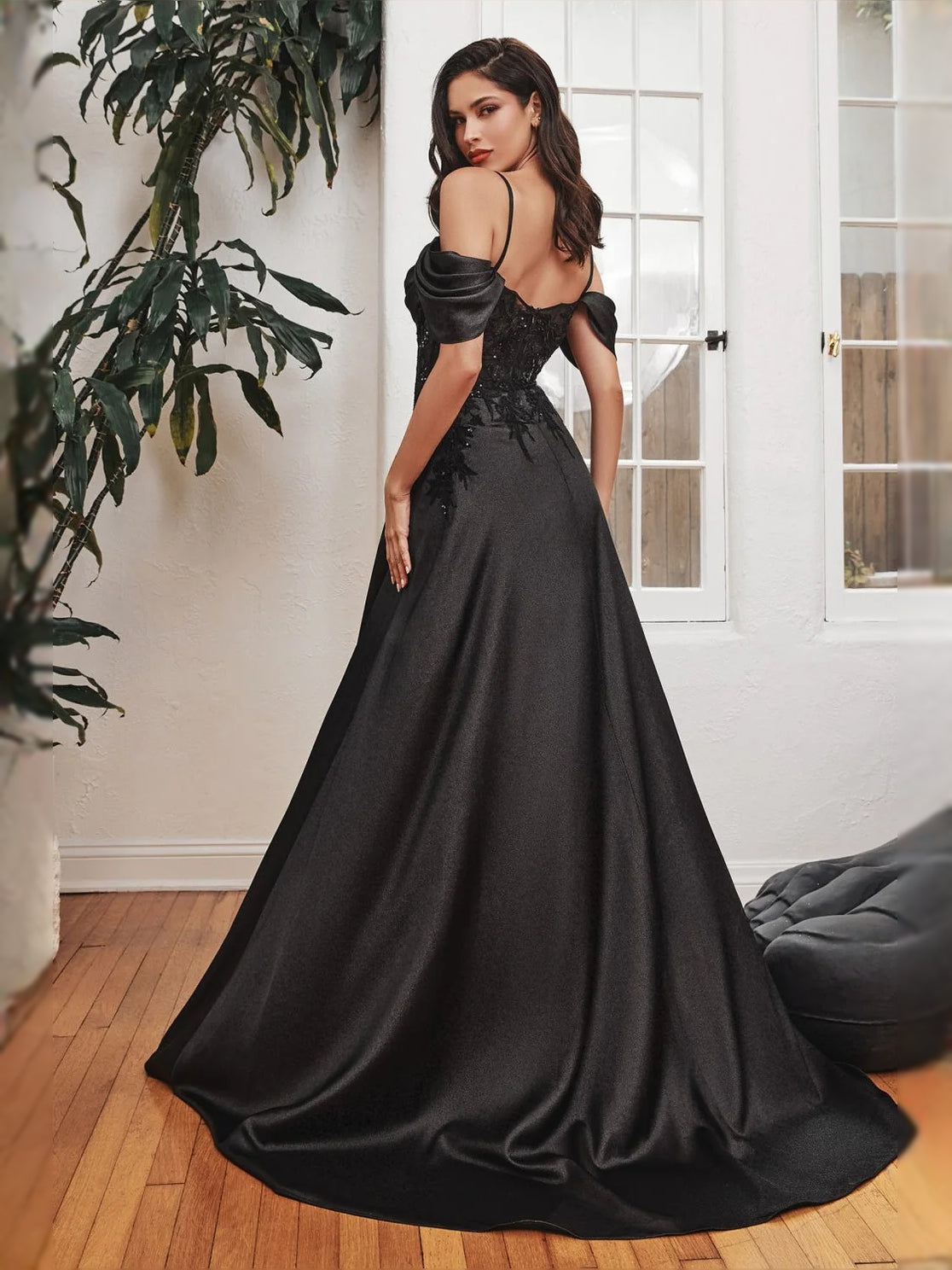 Black satin corset-style A-line prom dress with draped neckline and thigh slit