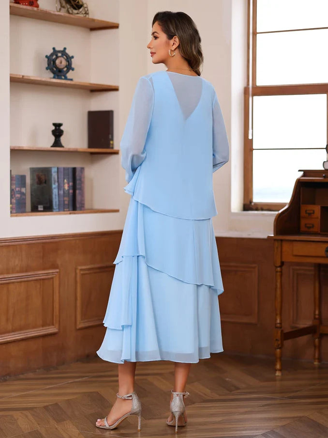 Light blue midi dress, scoop neck back view, layered tiers, and draped chiffon sleeves