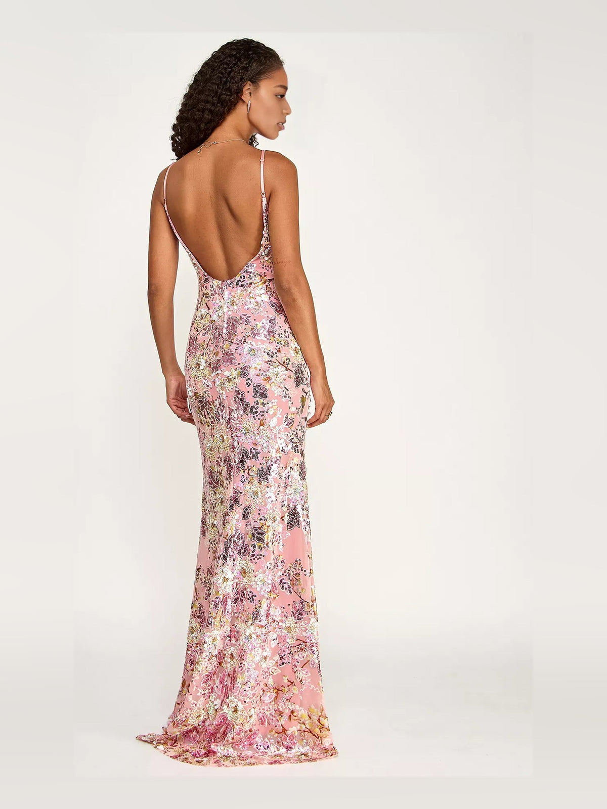 Pink floral sequin mermaid formal dress with open back and thin shoulder straps