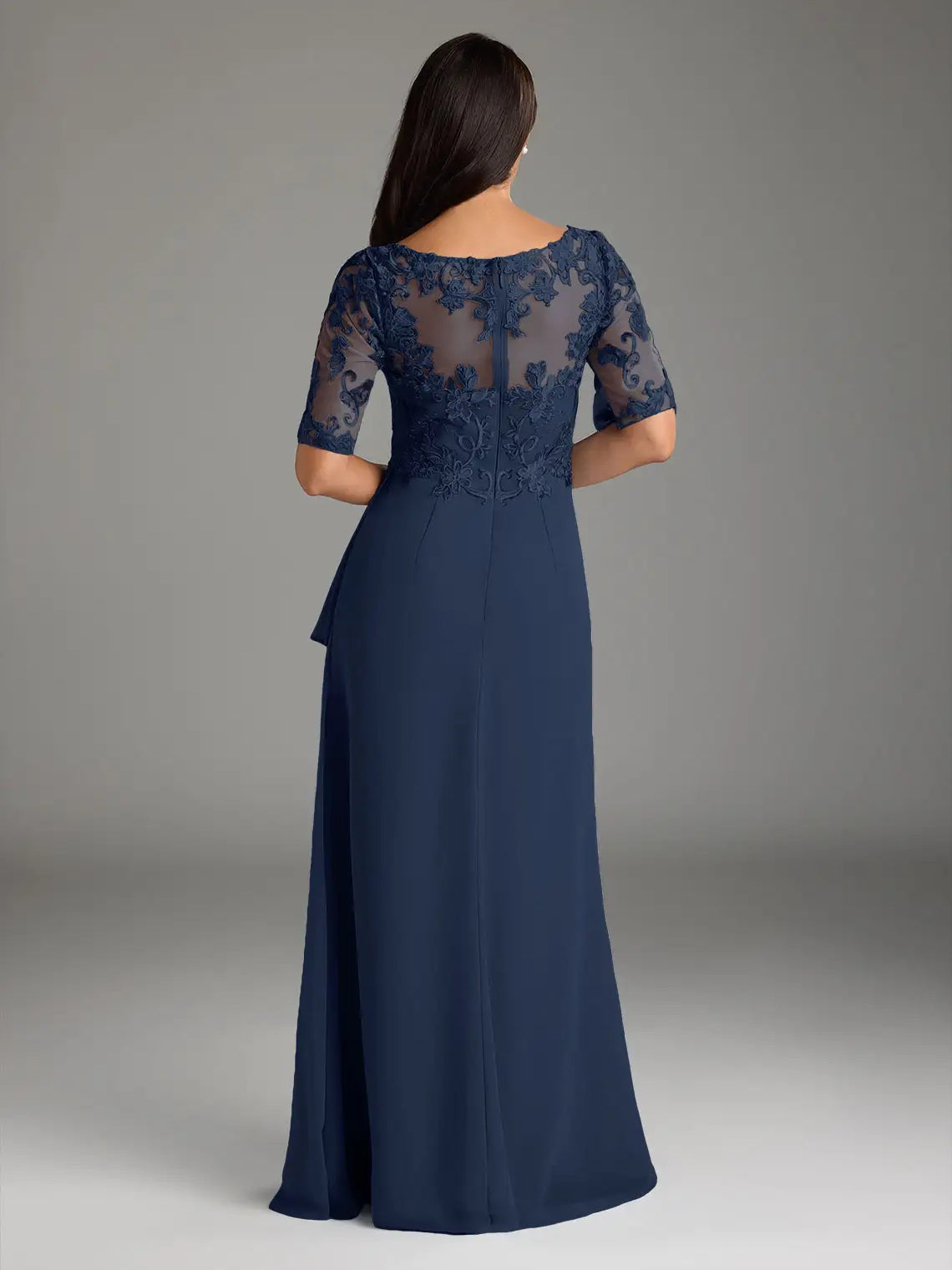 Dark navy embroidered lace back maxi dress with short sleeves and flowing A-line silhouette