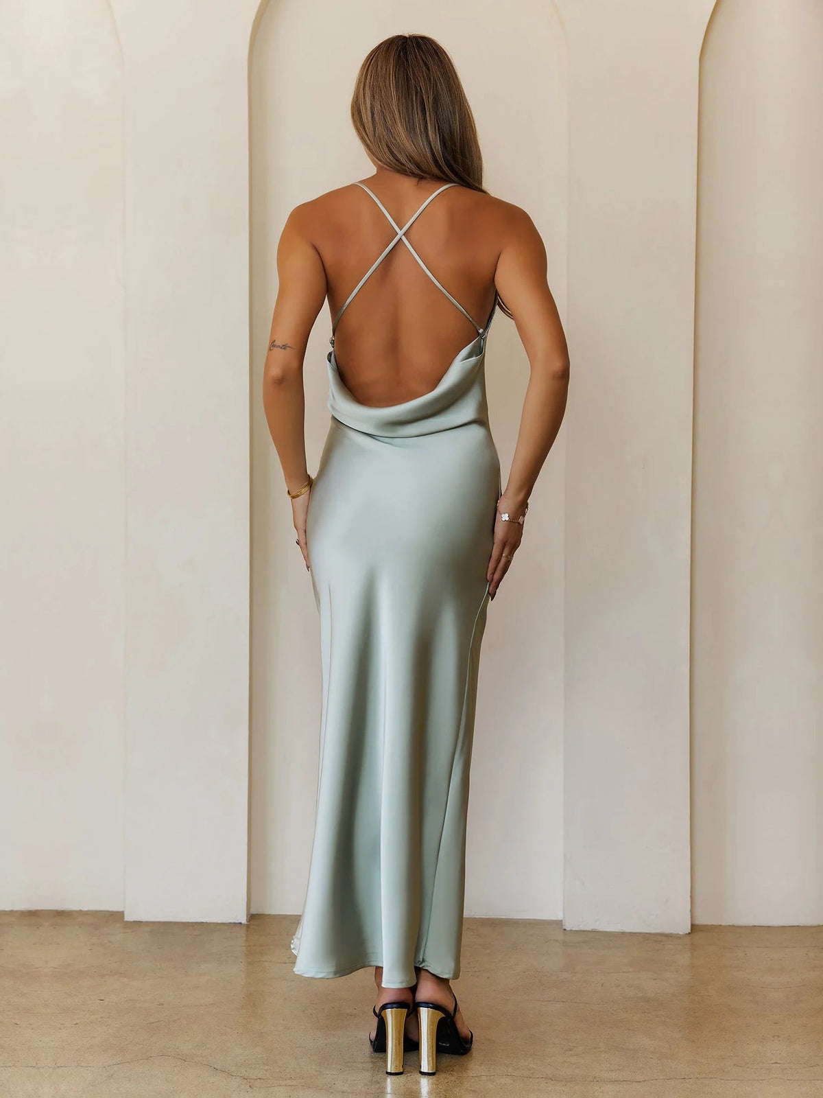 Khaki sheath maxi formal dress with open back, full-length back view