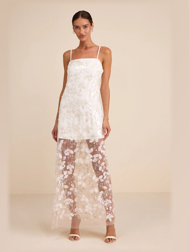 White formal dress with a-line silhouette