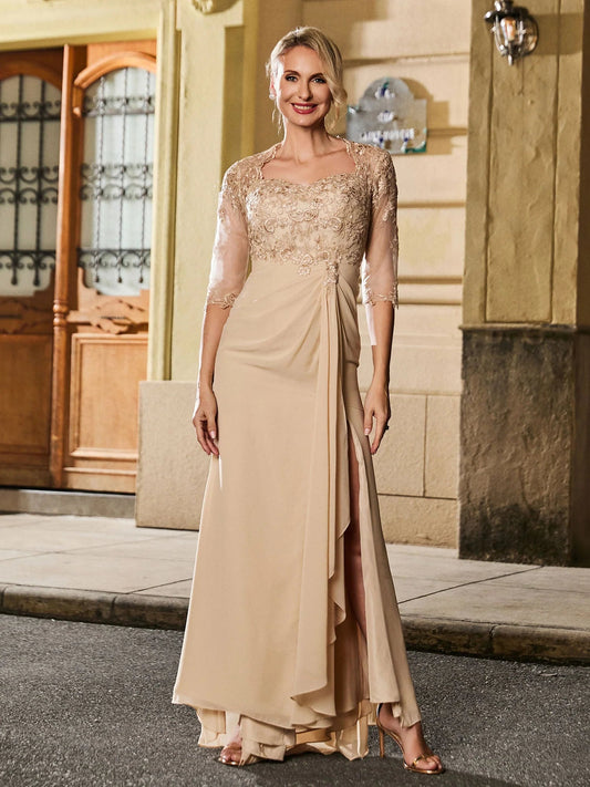 Champagne mermaid-style dress with lace top, three-quarter sleeves, and draped skirt
