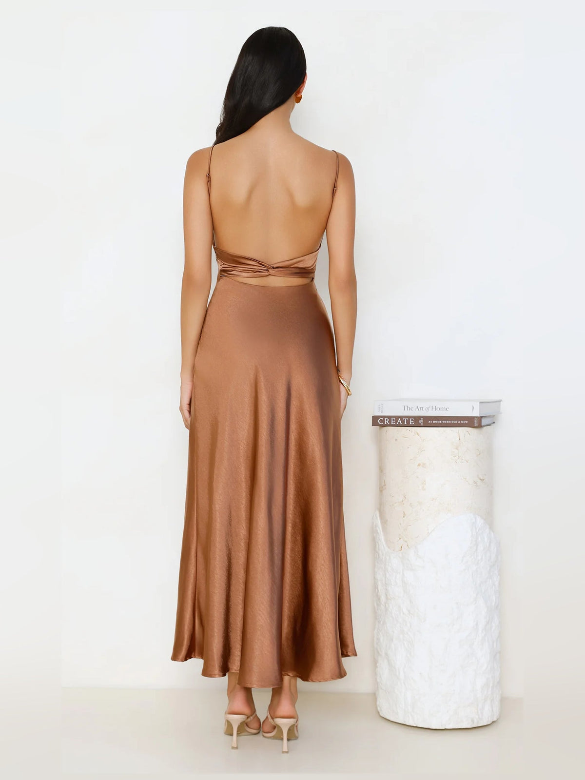 Chocolate a-line midi formal dress with pleated skirt, full-length back view