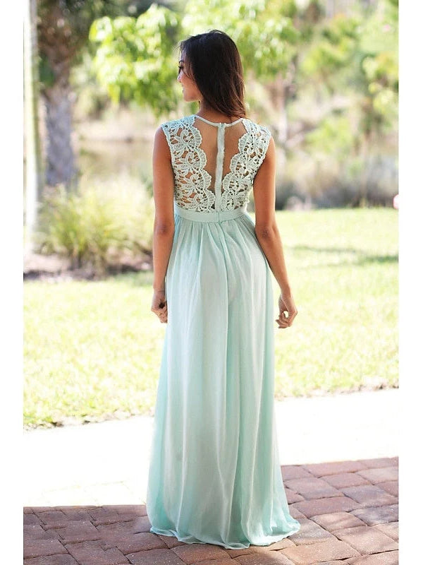 Light blue chiffon A-line maxi bridesmaid dress with lace open back and jewel neck