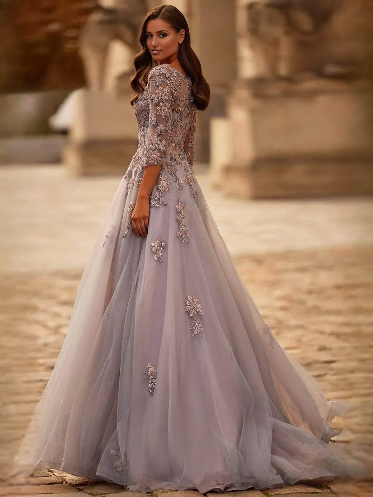 Floor-length floral appliqué formal dress with long sleeves and full tulle skirt
