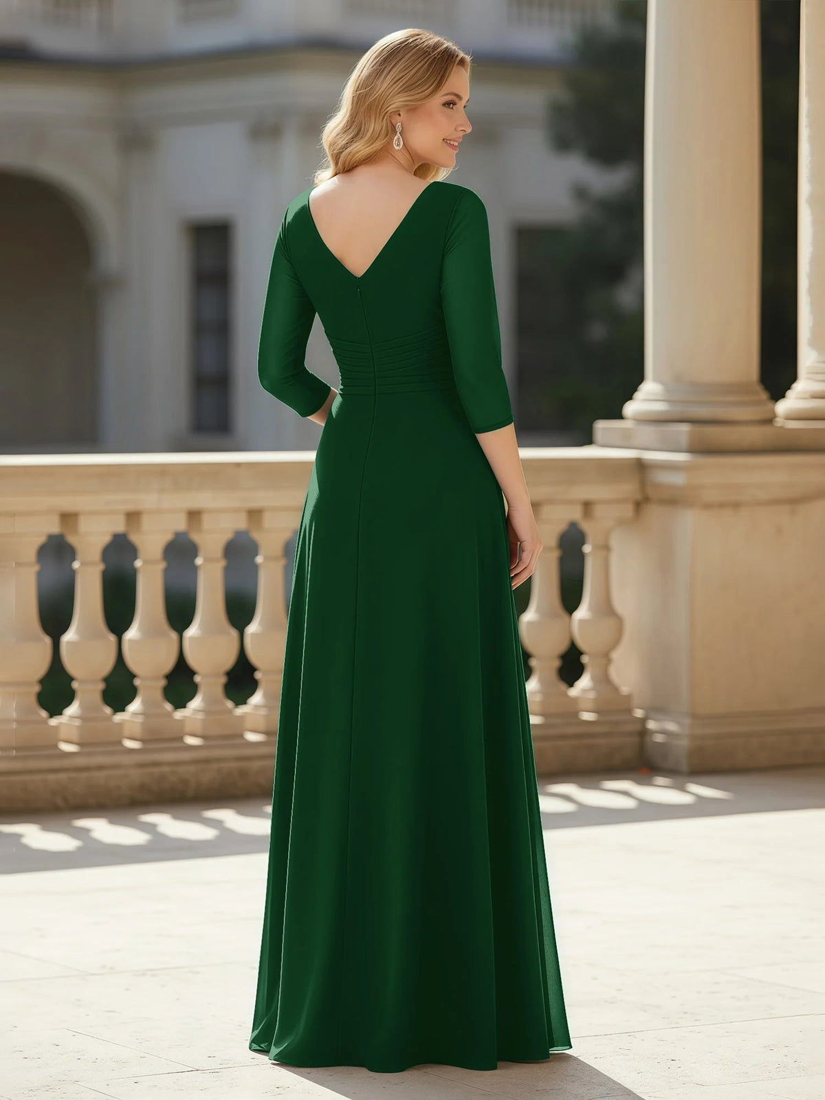 Dark green open-back V-neck A-line evening gown with 3/4 sleeves, floor length