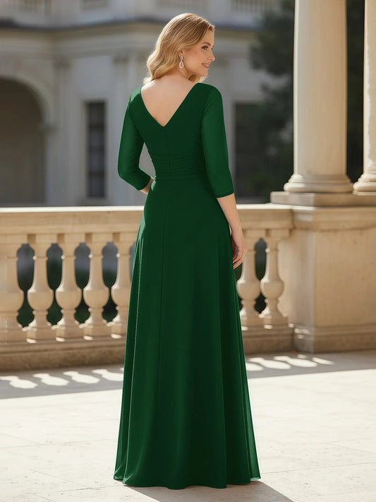 Dark green open-back V-neck A-line evening gown with 3/4 sleeves, floor length