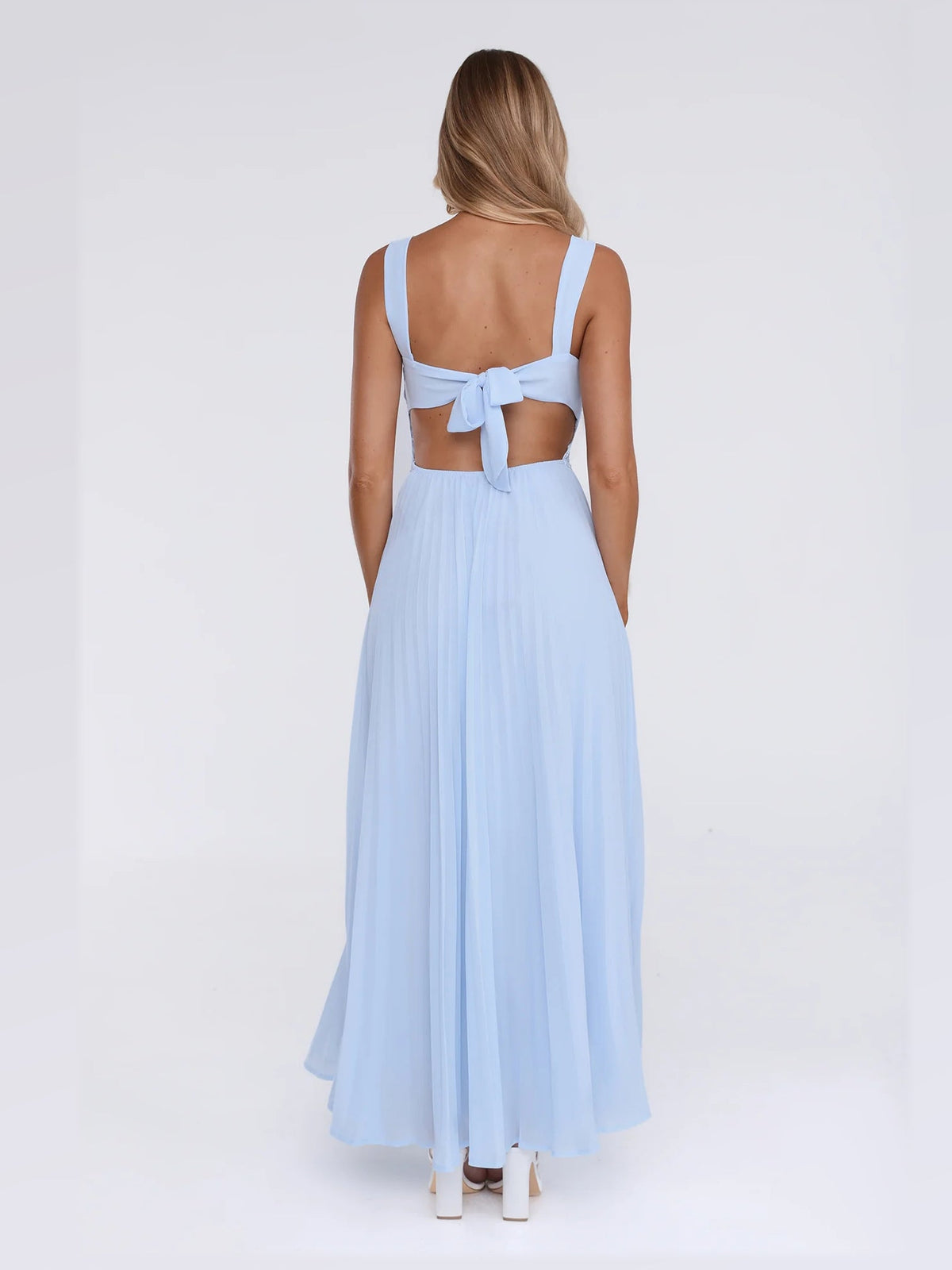 Blue maxi formal dress, back full-length view showing the bodice
