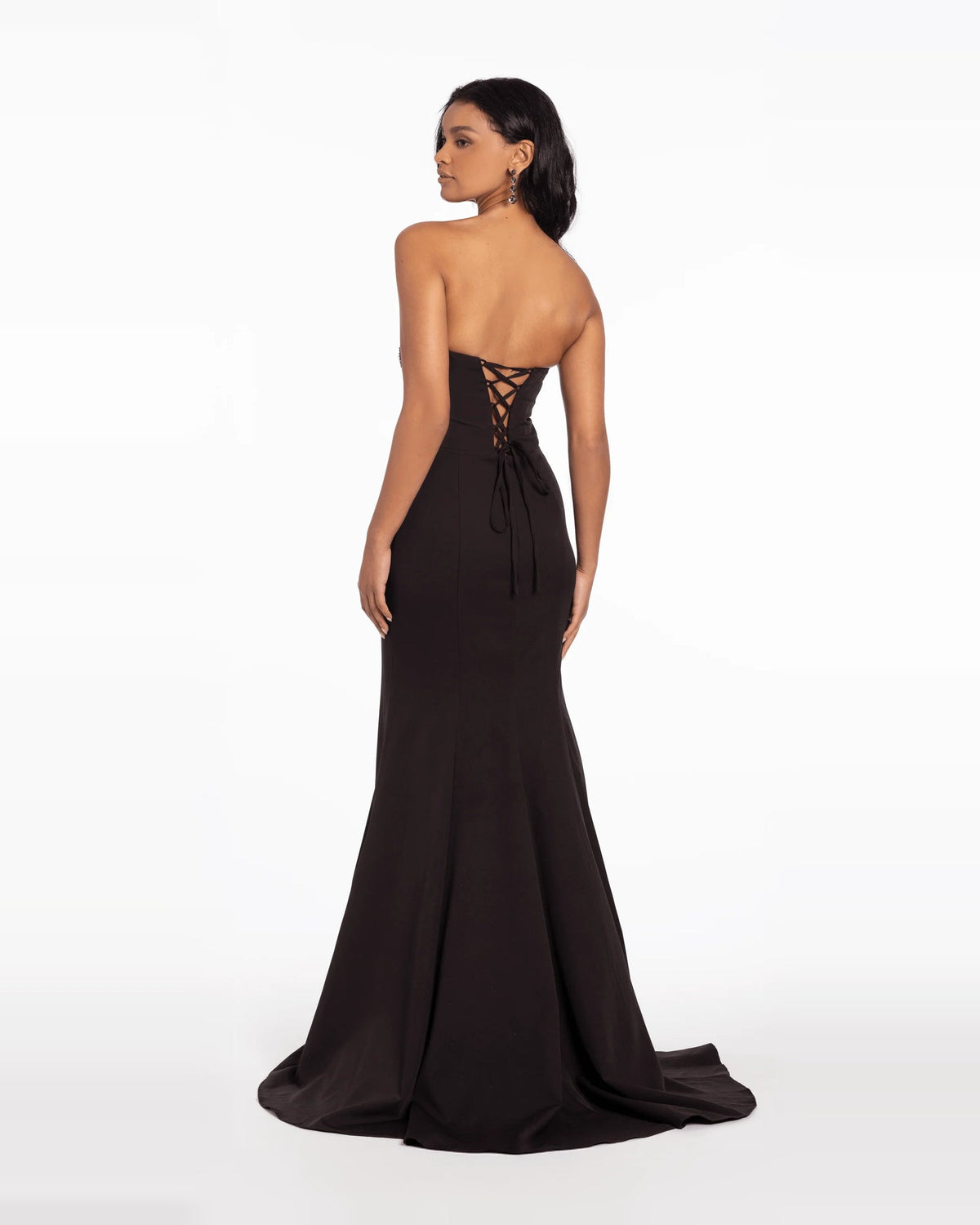 Black strapless backless trumpet maxi prom dress with crisscross lacing