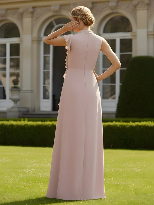 Dusty rose chiffon column dress, high neck, back view with draped ruffle panels