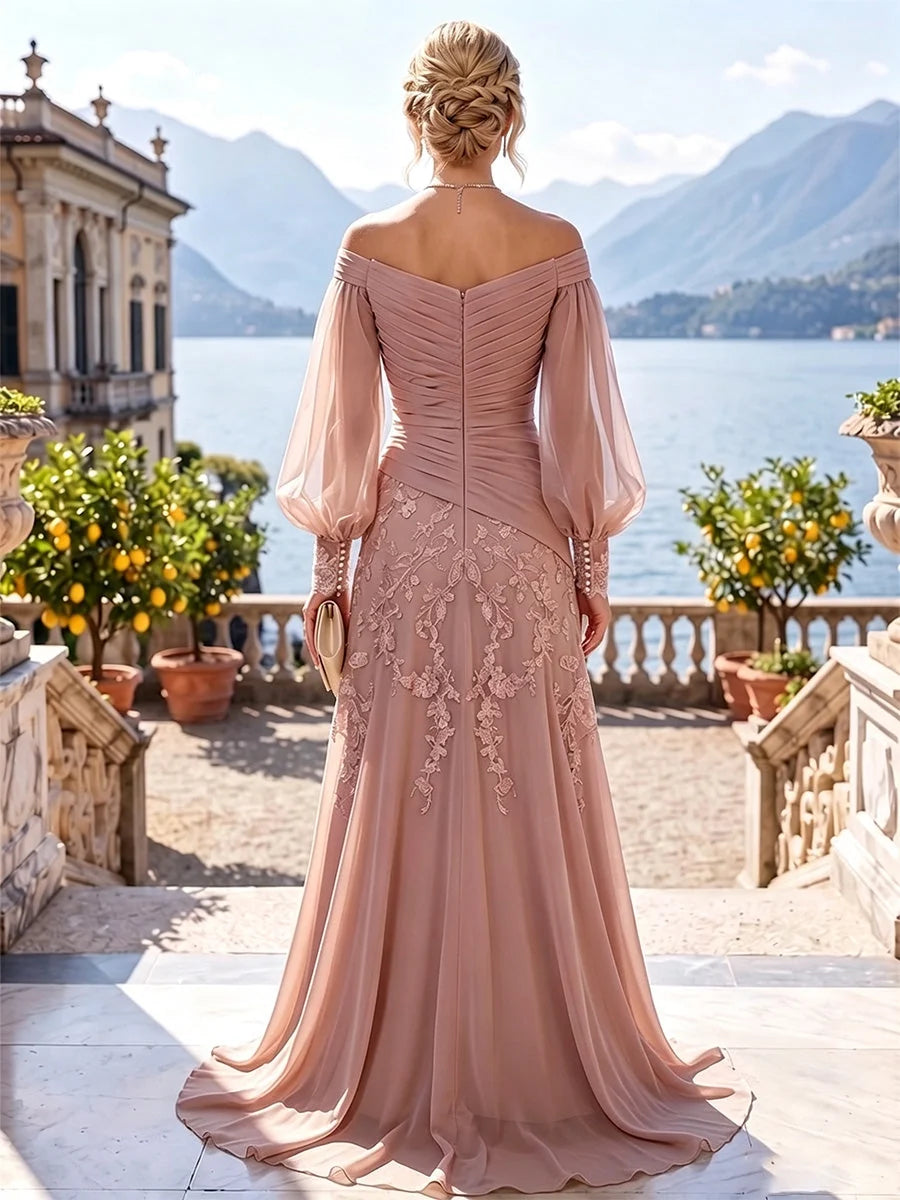 Dusty rose ruched mermaid dress back view with sheer off-shoulder sleeves and floral lace