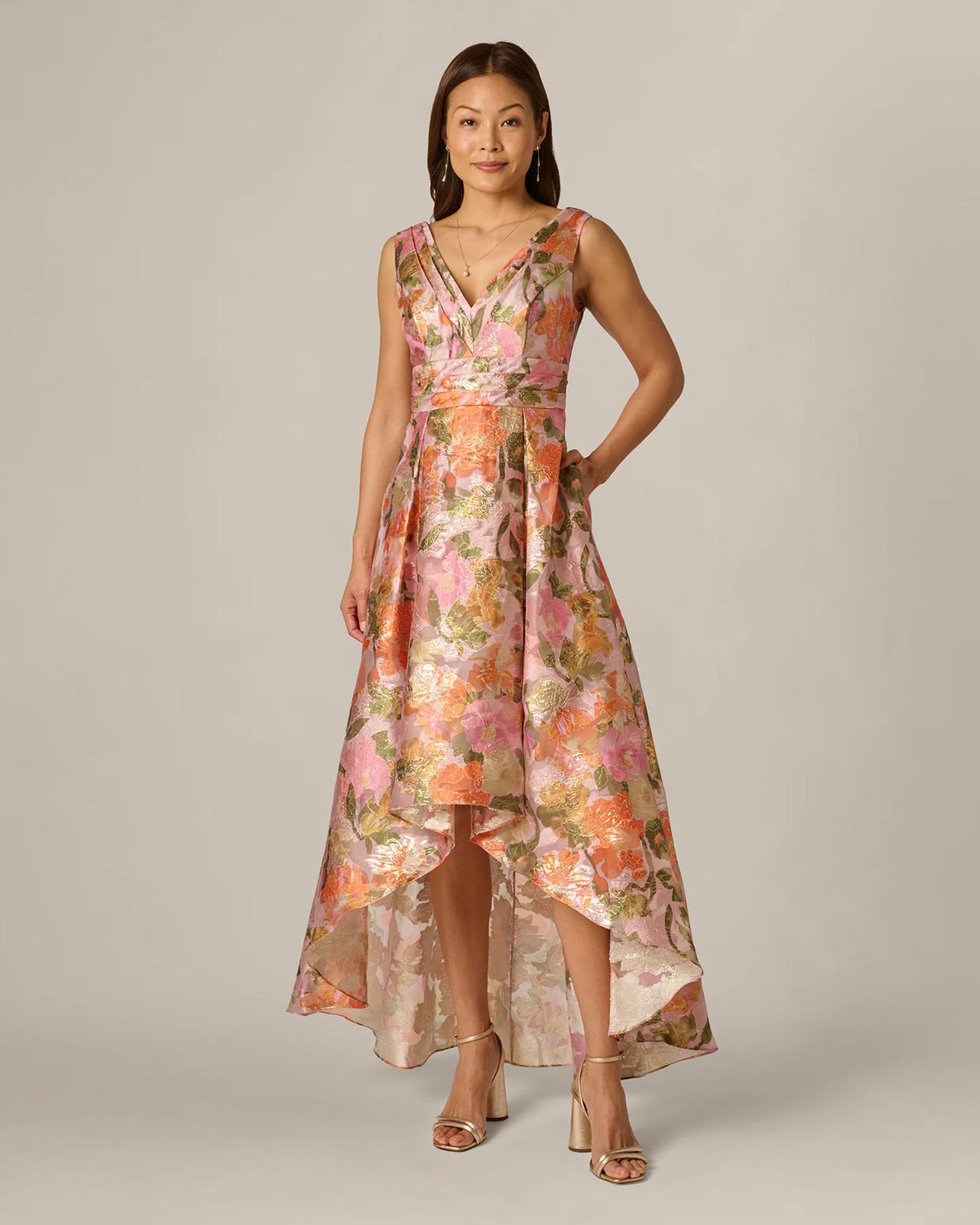 Floral A-line maxi dress with V-neck, sleeveless fit-and-flare design and asymmetrical hem
