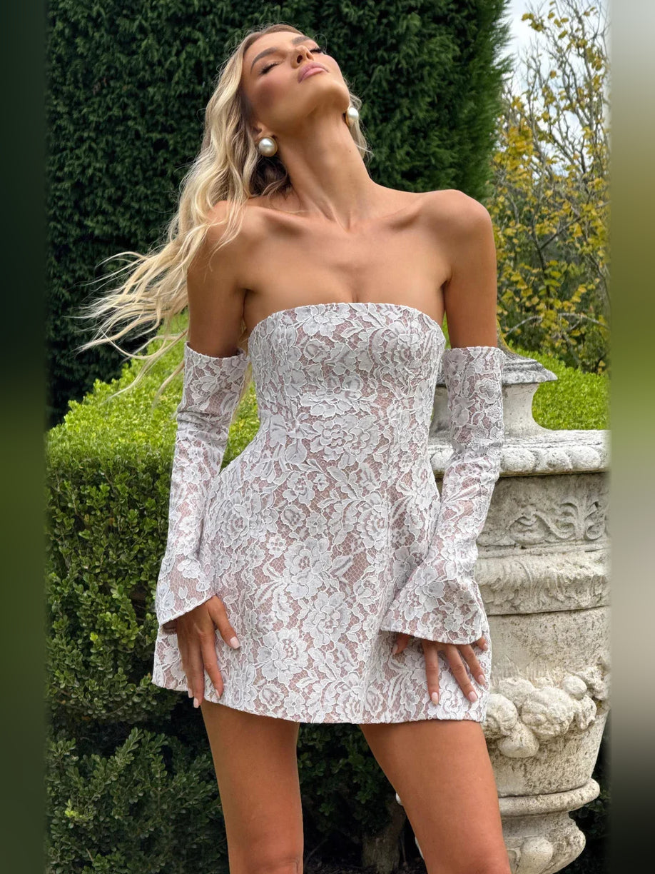 Ivory floral lace strapless A-line mini dress with long sleeves, front view