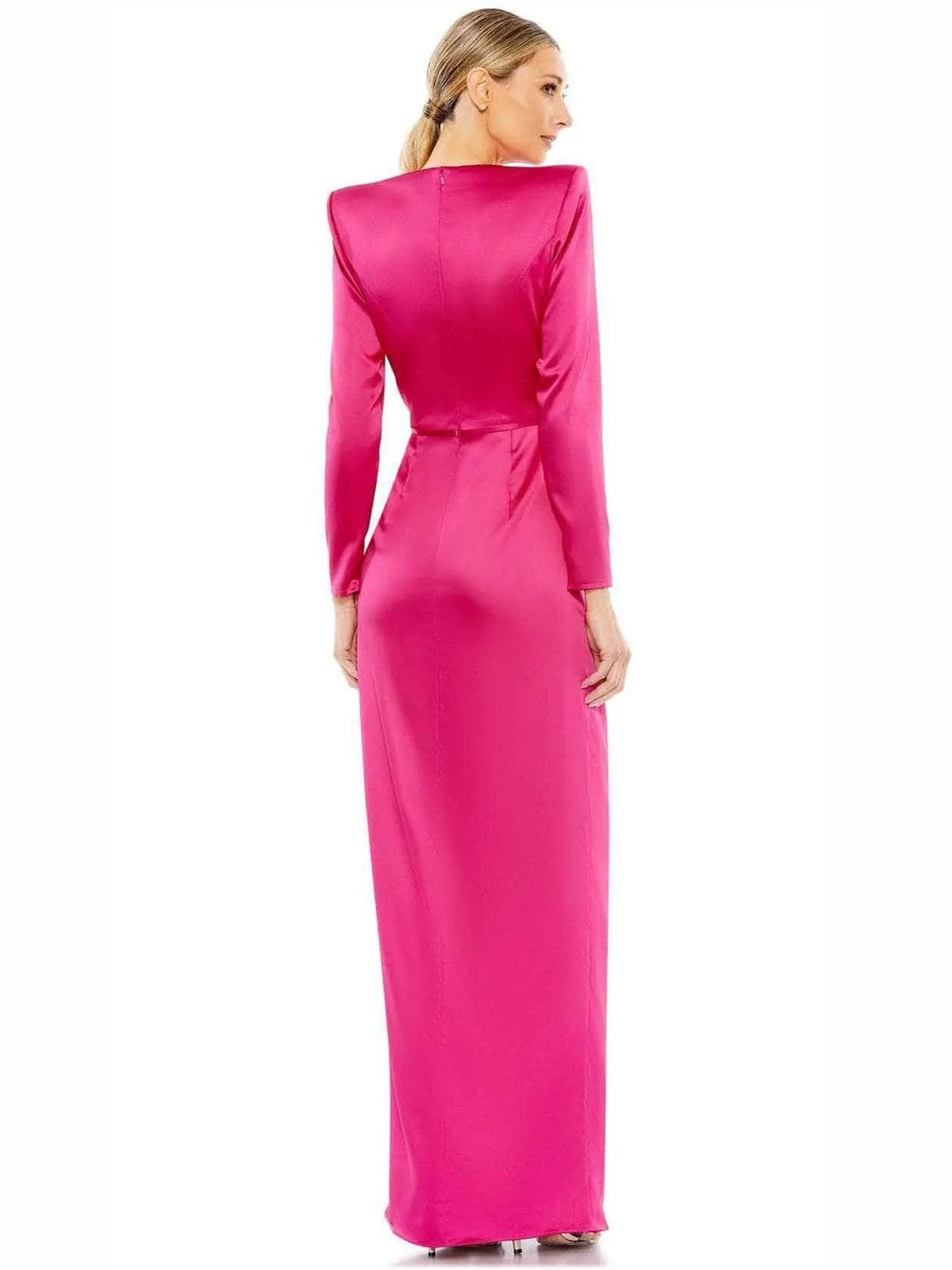 Floor-length formal dress in hot pink, back view, long sleeves, draped waist detail